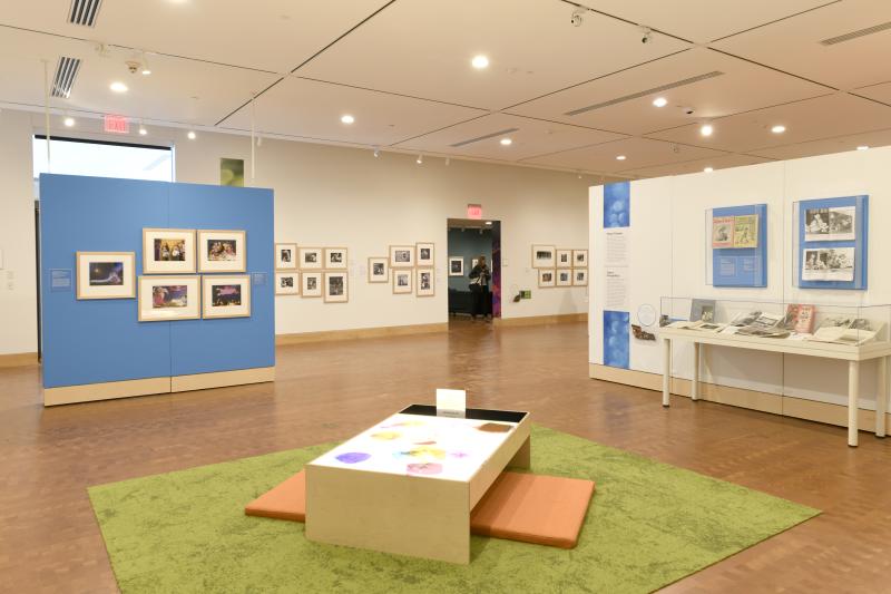 Photograph of gallery showing framed art and graphics.