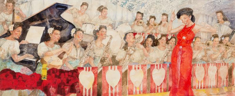 Illustration of woman singing with band.