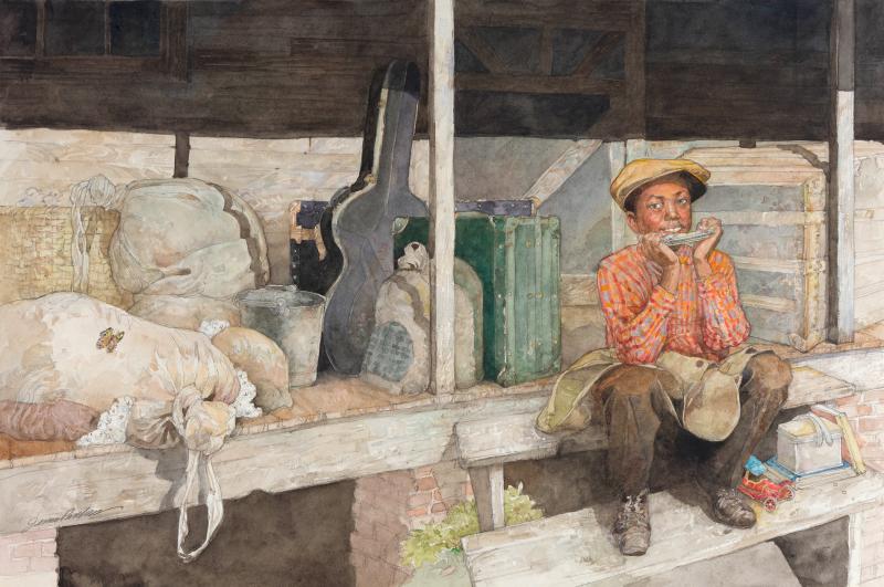 Illustration of boy playing blues harp.