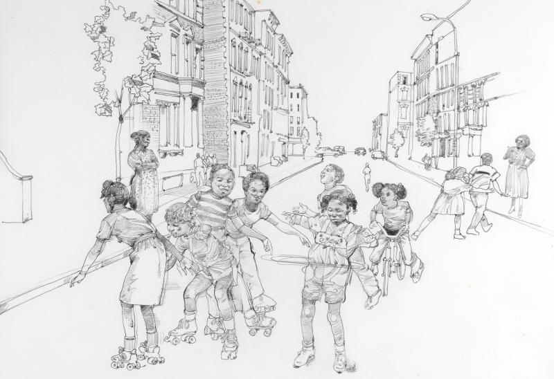 Illusutration of kids roller skating.