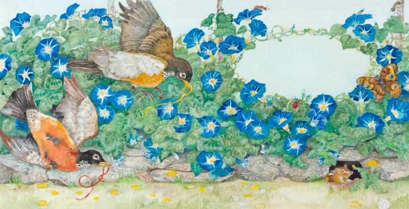 Illustration of birds in morning glory patch.