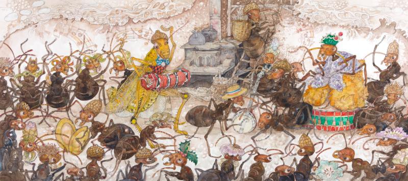 Illustration of grasshoppers and ants.