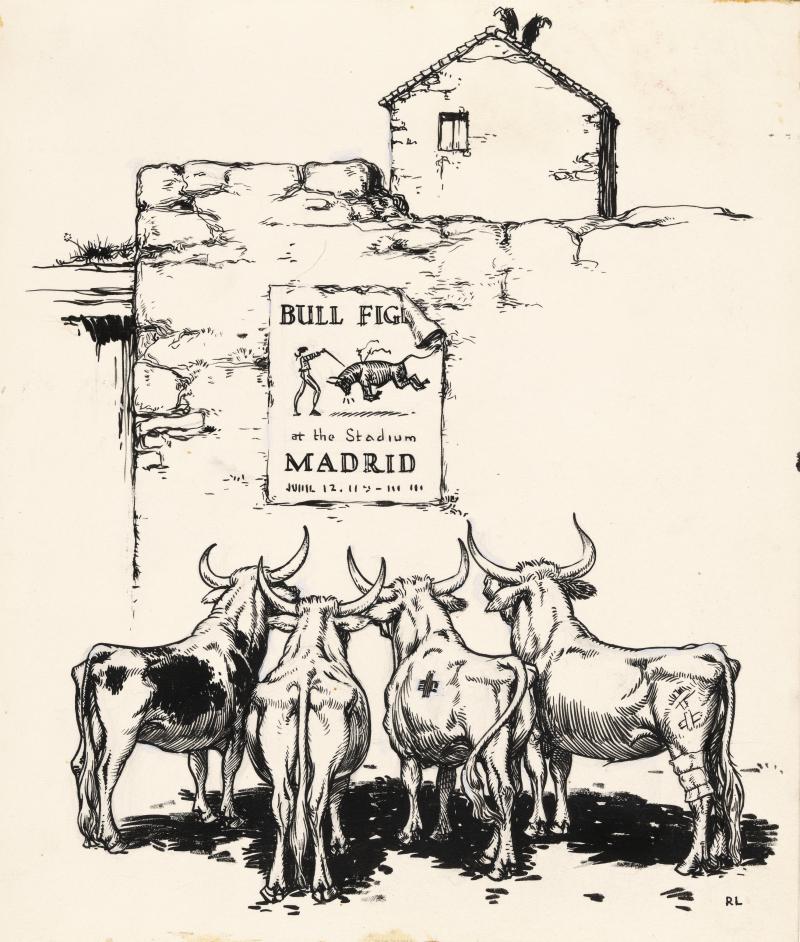 Ink drawing of bulls standing around sign.