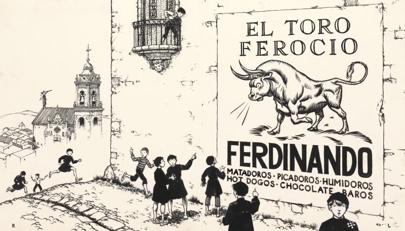 Ink drawing of bull fight poster.