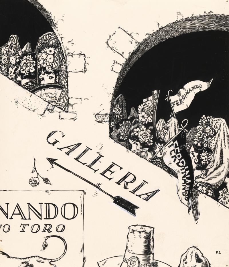 Ink drawing of fans at bullfight.