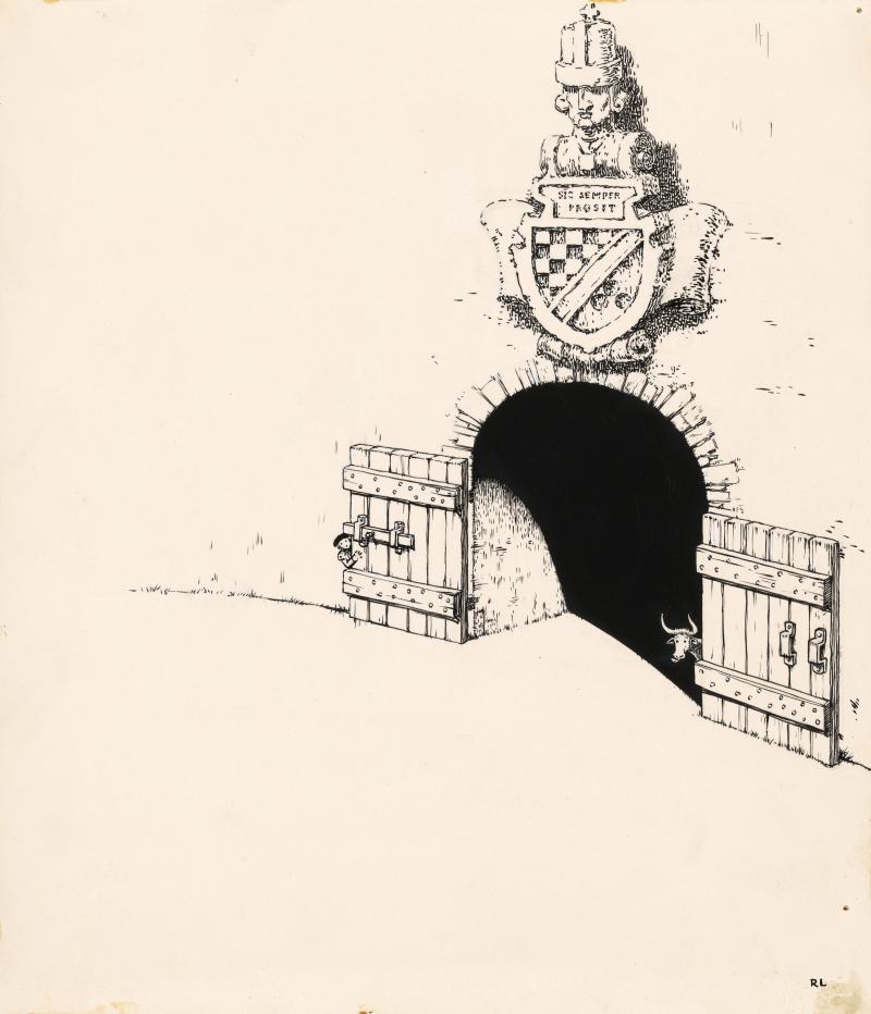 Ink drawing of cow at bull fight.