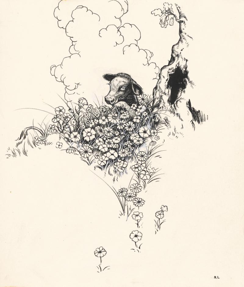 Ink drawing of cow in flowers.