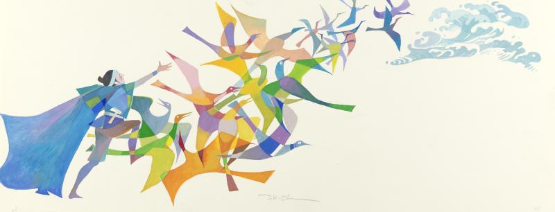 Illustration of man and birds.