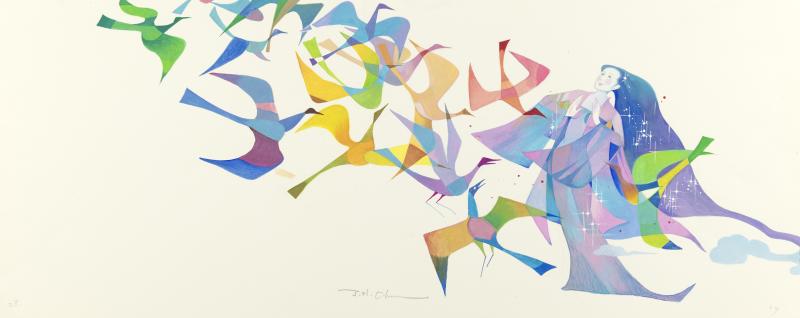 Illustration of birds and woman