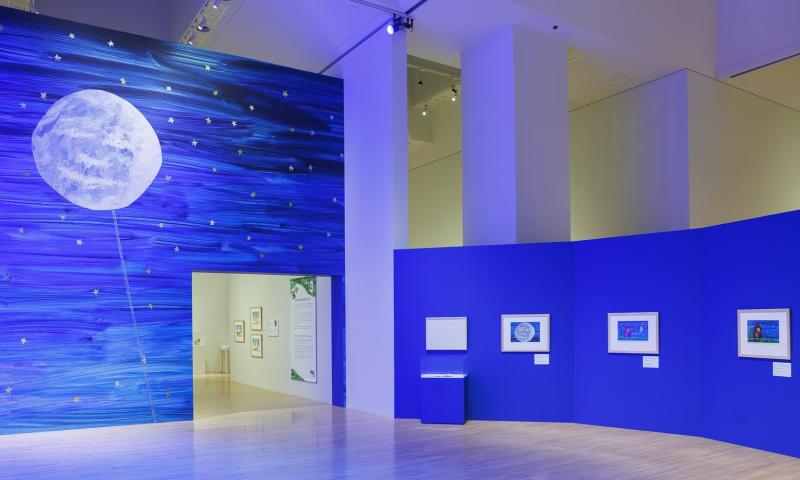 Photograph of gallery showing framed art and graphics.