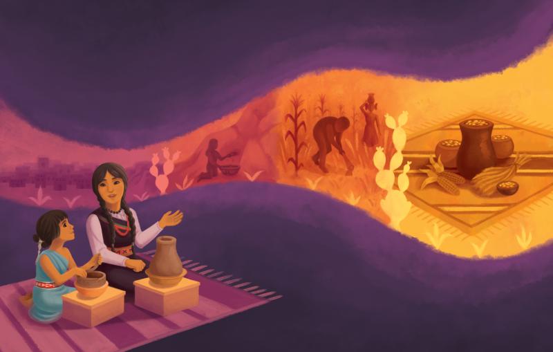 illustration and woman and child potting.