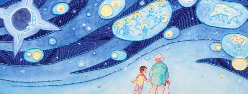 Illustration of person and child below blue sky.