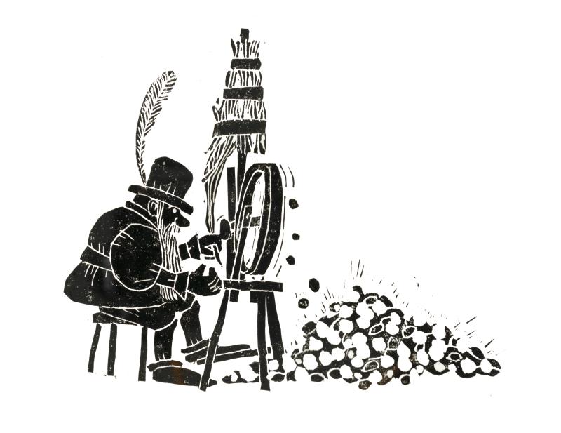 Woodcut print of man sitting at spinning wheel.