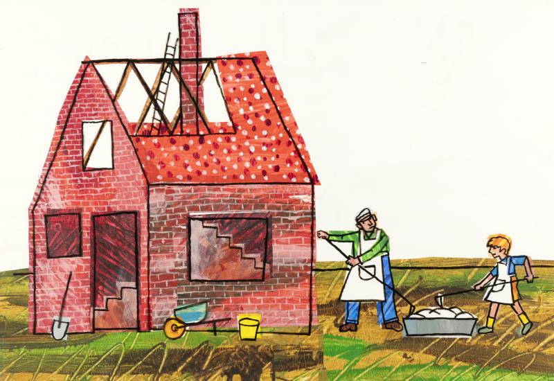 Illustration of man and boy doing construction on home.
