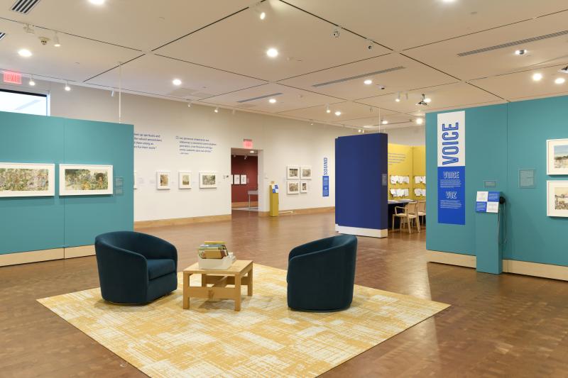 Photograph of gallery showing framed art and graphics.
