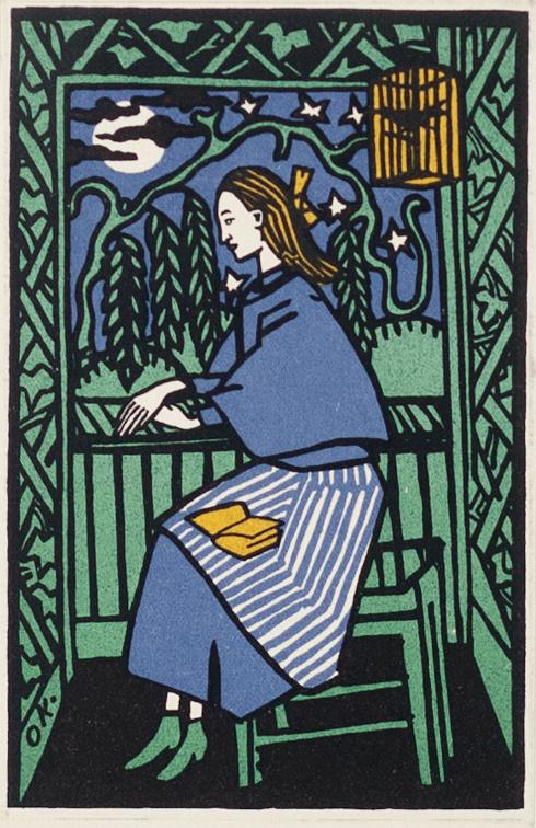 Woodcut of woman sitting by window.