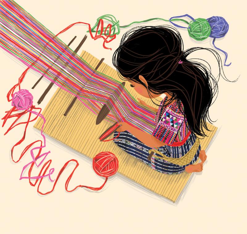Illustration of girl weaving.