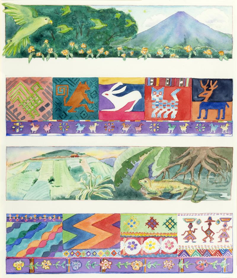 Illustration of mountains, animals, and weaving motifs.