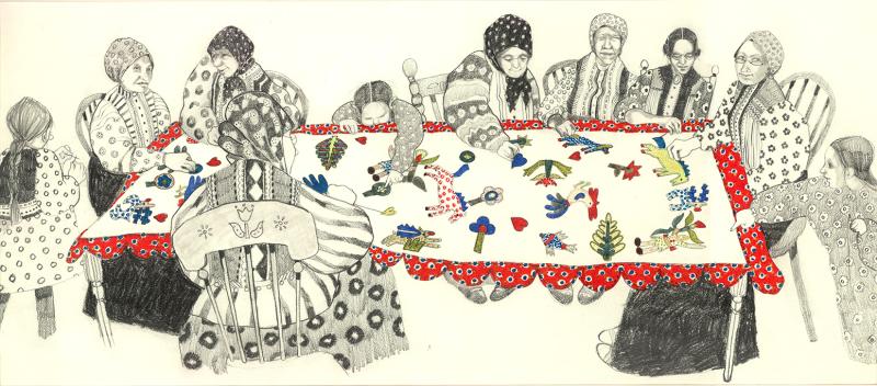 Illustration of people at table.