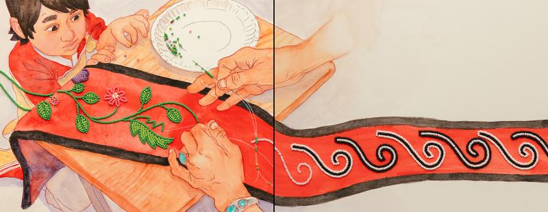Illustration of weaving beads at table.