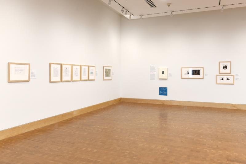 Photograph of gallery showing framed art and graphics.