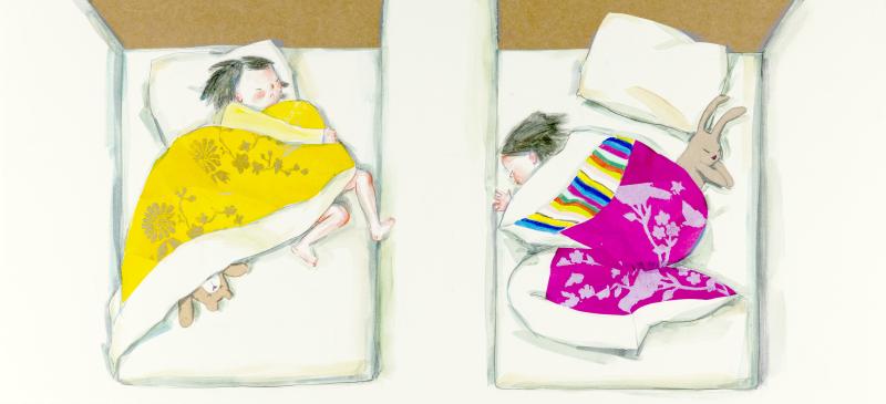 Illustration of two kids sleeping under quilts.