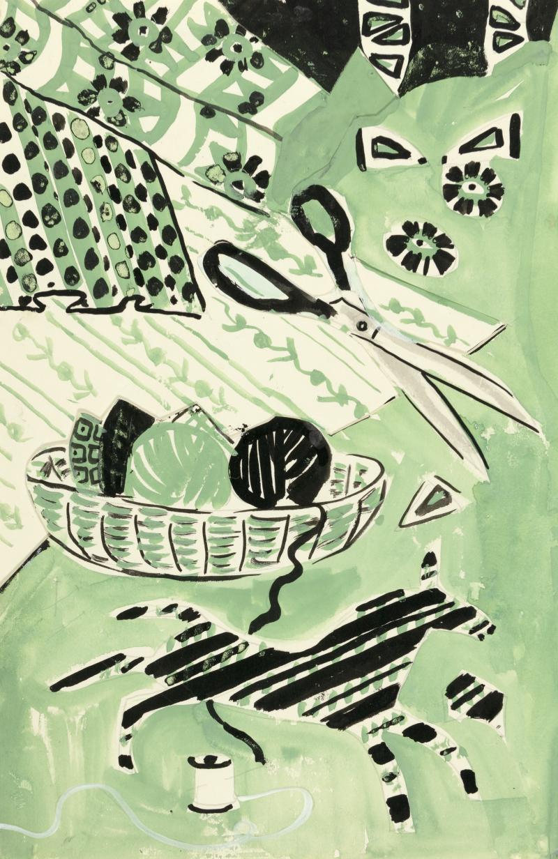 Illustration in green and black ink of sewing materials.