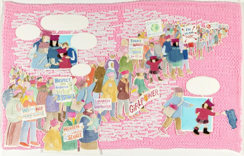 Weaving showing protestors with pink hats.