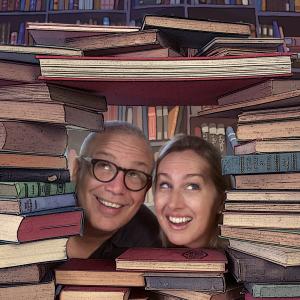 Photo of John and Hayley looking out from a pile of books.