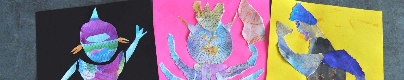 Three brightly colored collage monsters.