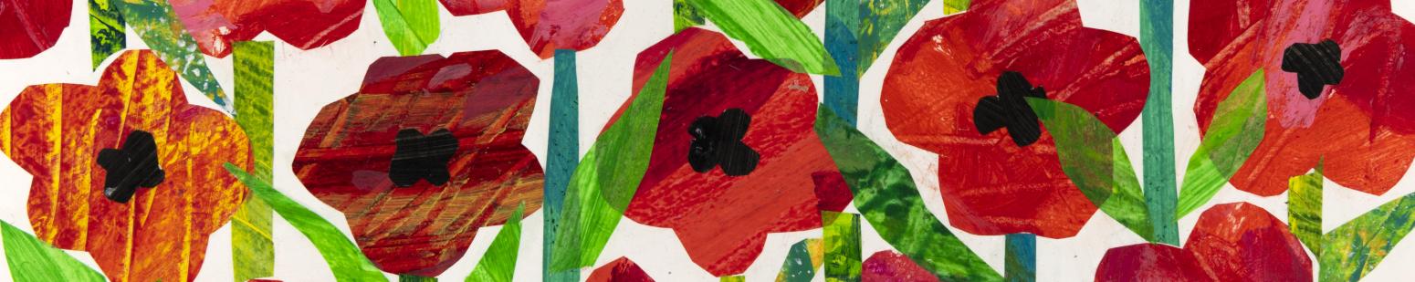 Illustration of red poppy flowers in overlapping pattern.