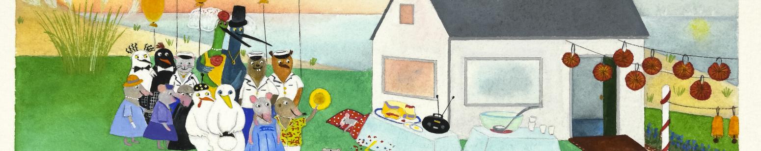 Illustration of animals with balloons at party in backyard. 