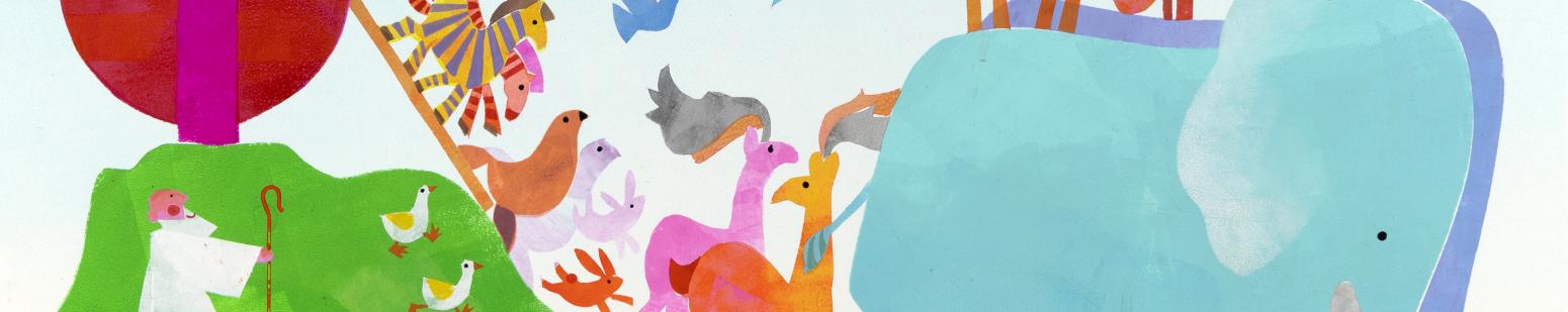 Illustration of brightly colored animals exiting an ark. 