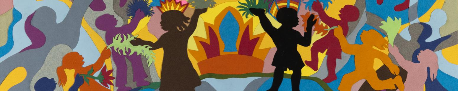 Illustration of silhouettes of people and flowers. 
