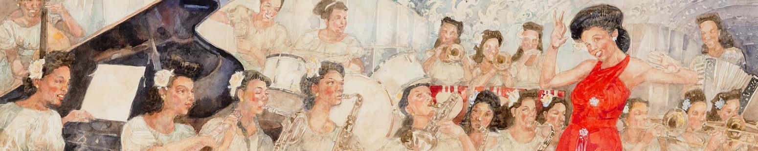 Illustration of woman singing with band. 