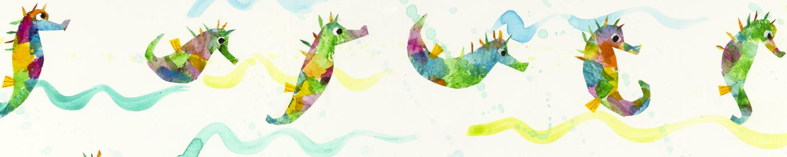Illustration of seahorses in water.