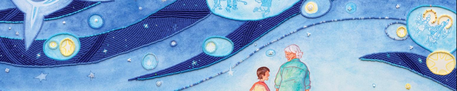 Illustration of person and child below blue sky. 