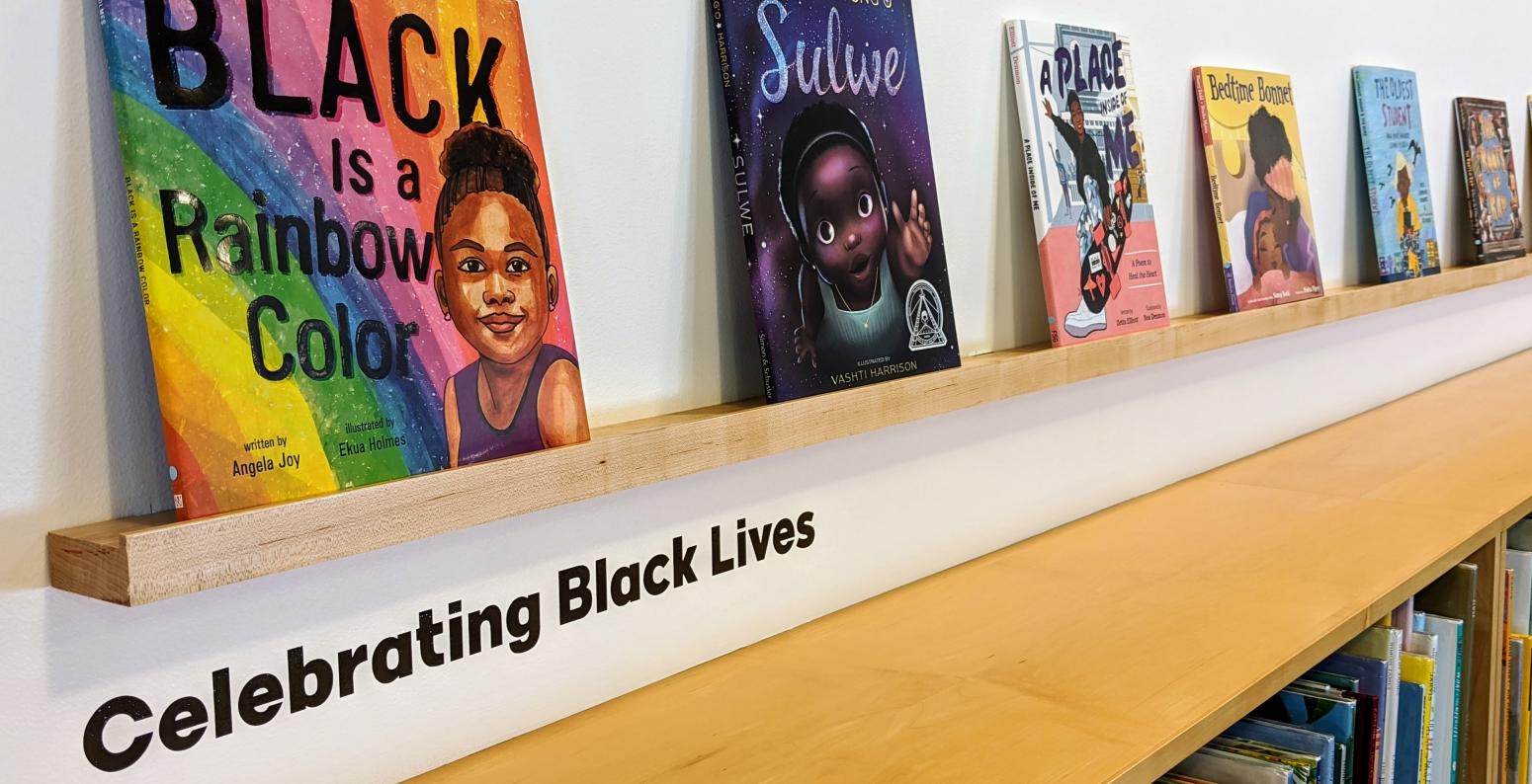 Shelf with books from our Black Voices exhibition