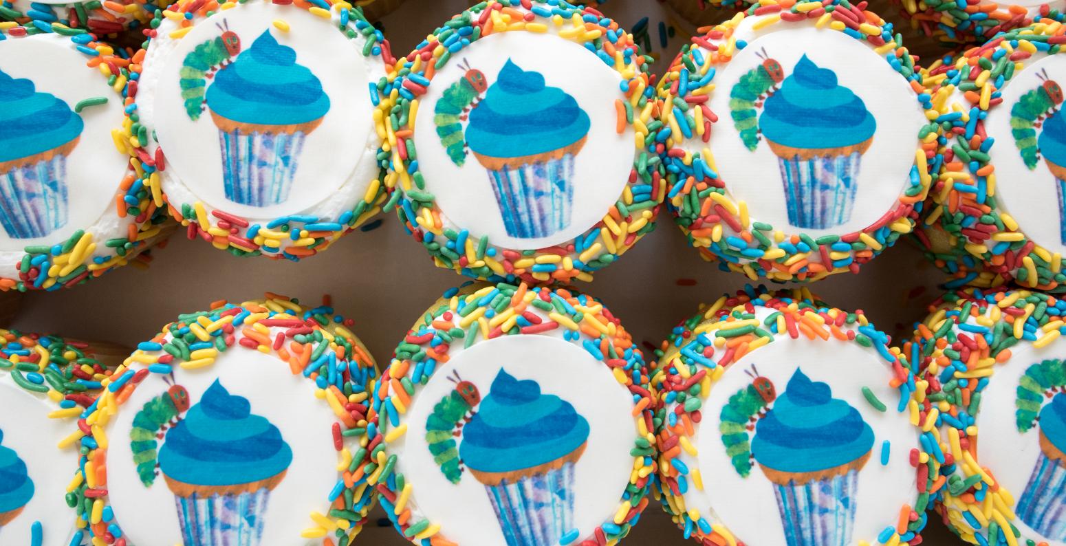 Very Hungry Caterpillar cupcakes with sprinkles.