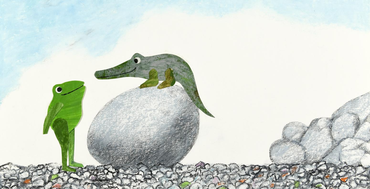 A frog is standing looking at an alligator sitting on an egg.