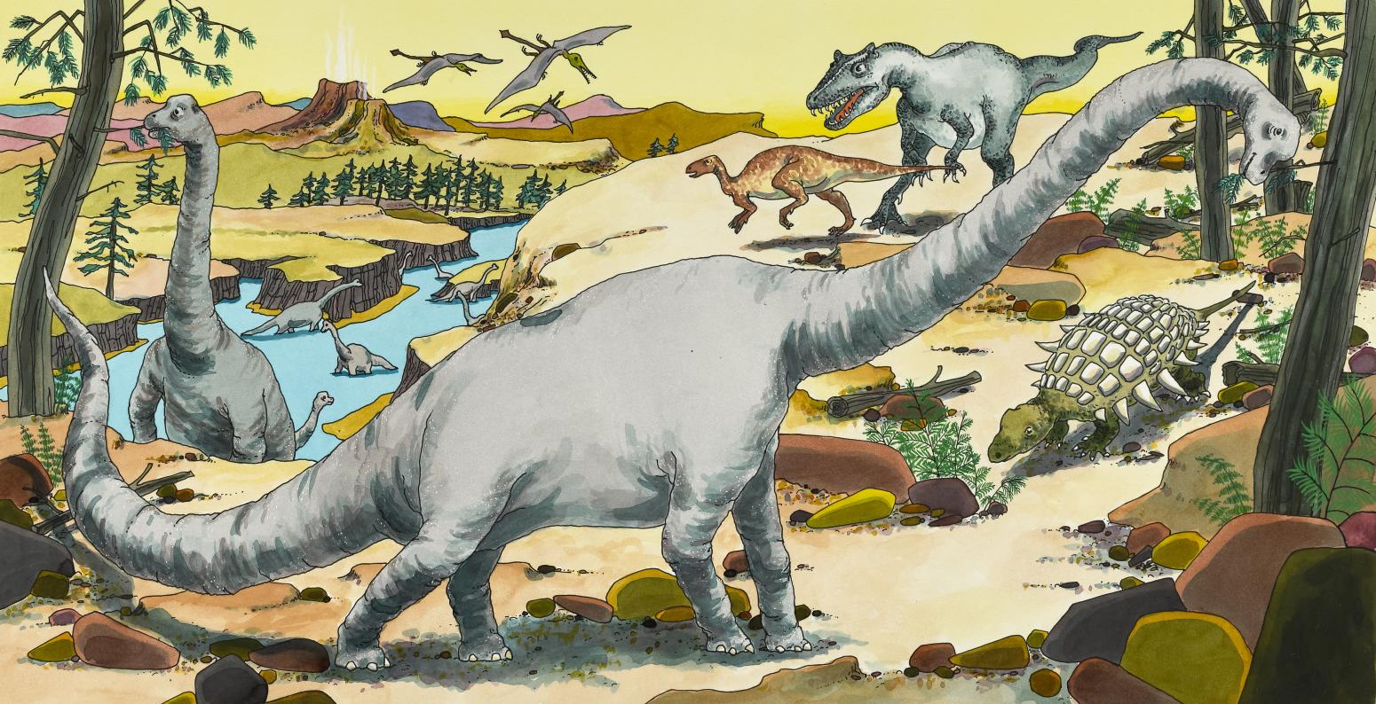 Illustration of Brachiosaurus in landscape. 