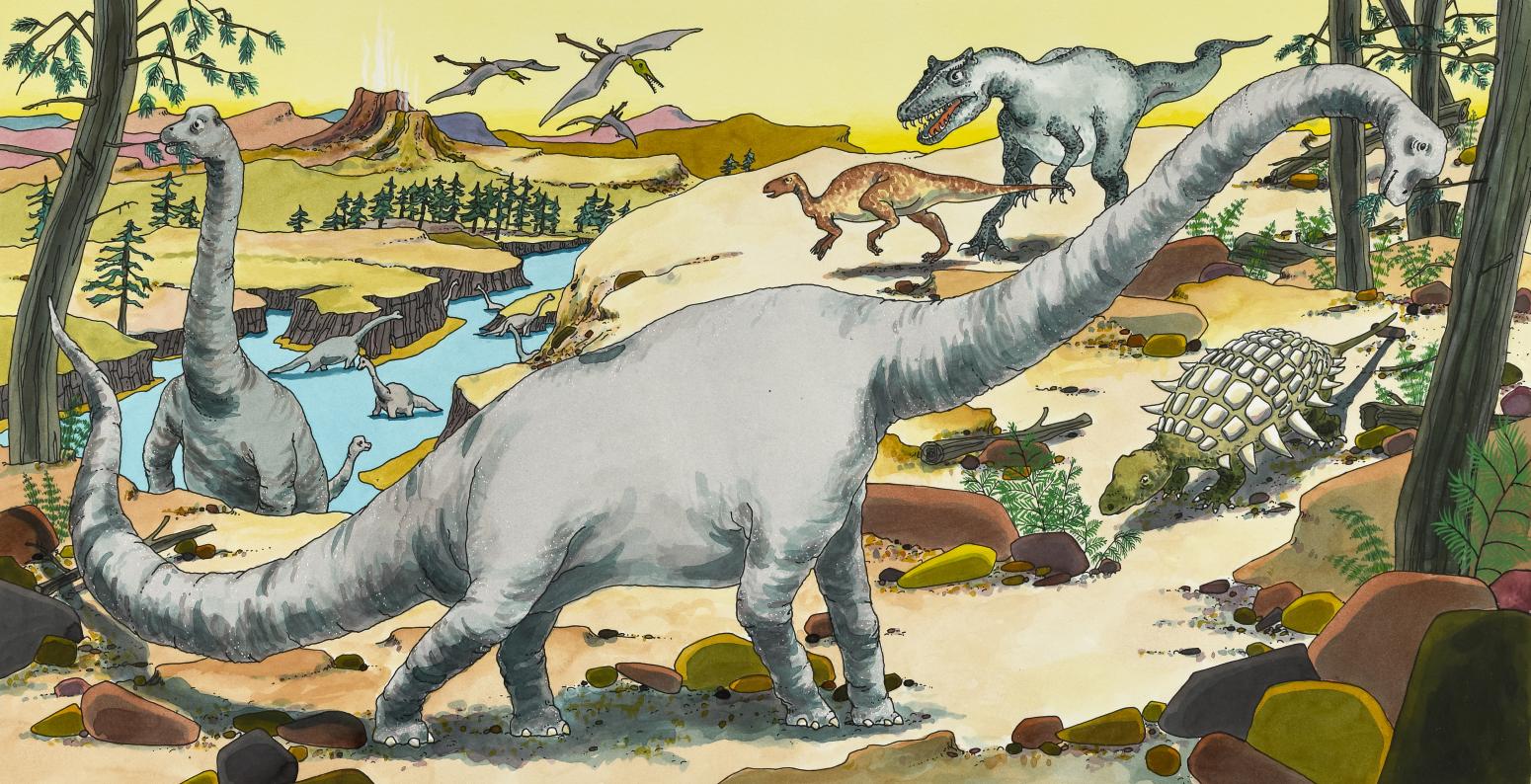 Illustration of Brachiosaurus in landscape.