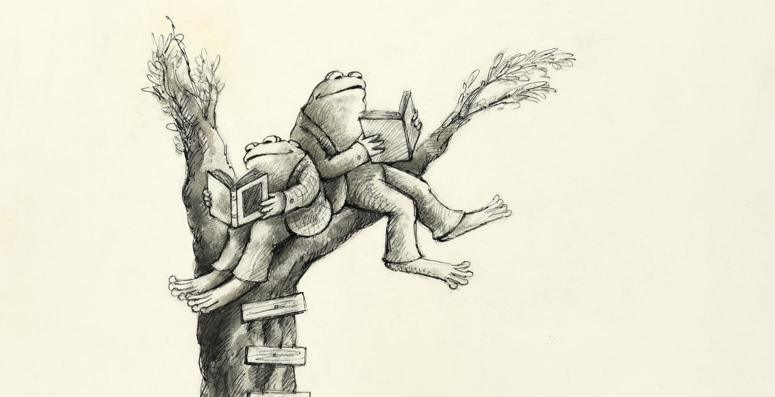 Illustration of Frog and Toad siting in tree reading. 