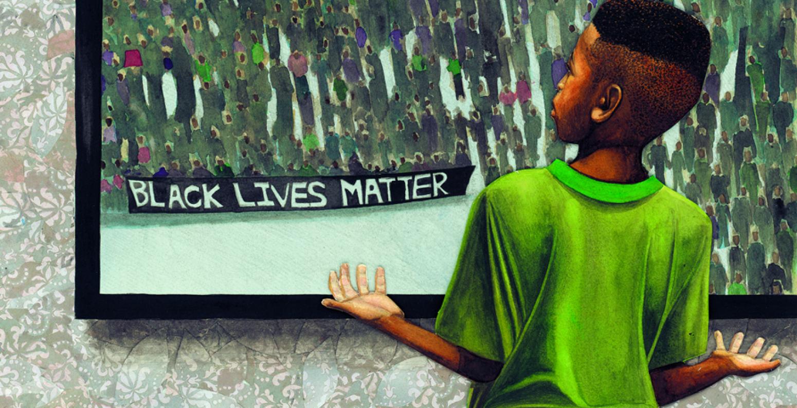 Illustration of boy looking at artwork that says "Black Lives Matter."