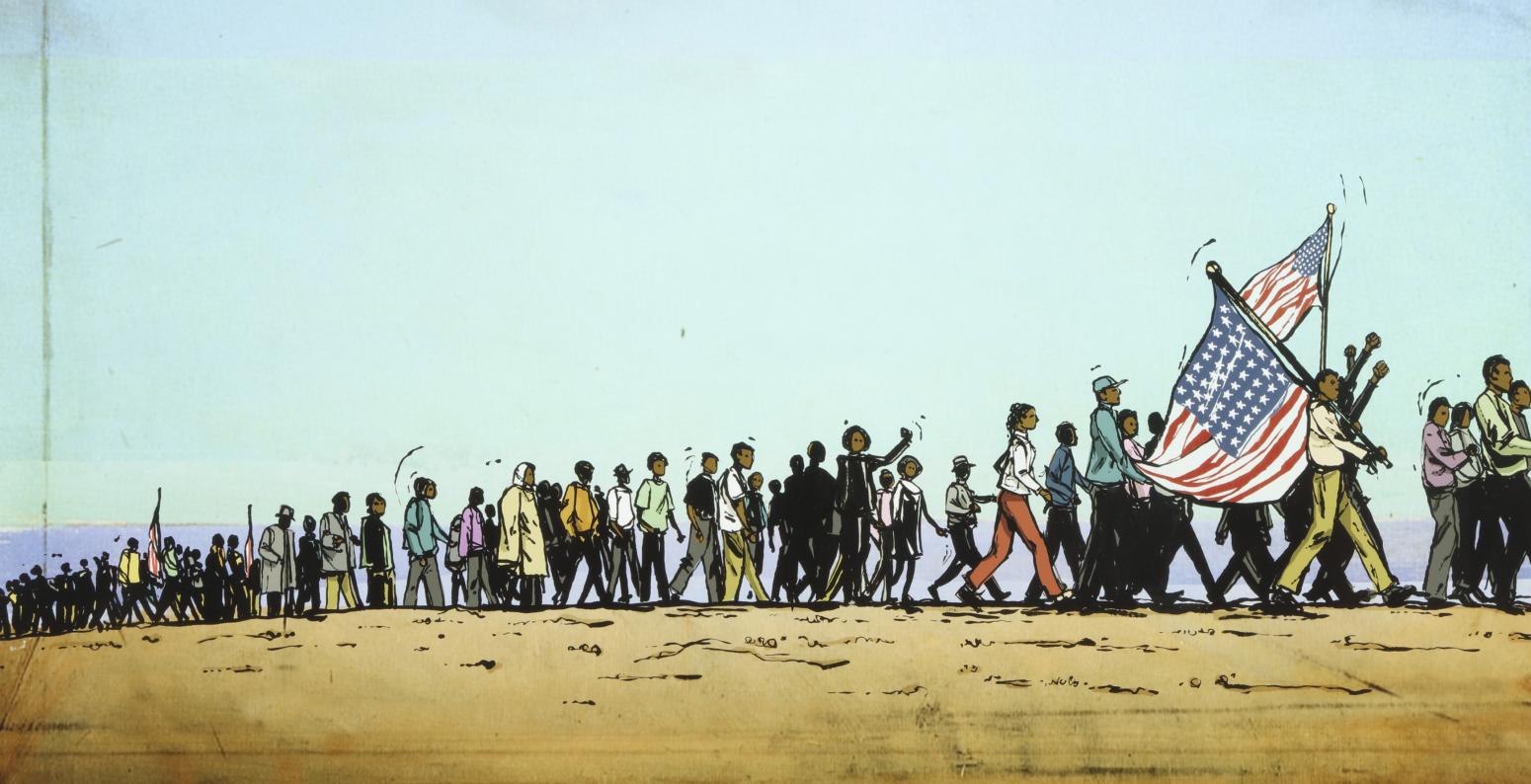 Civil rights protesters marching in a long line.