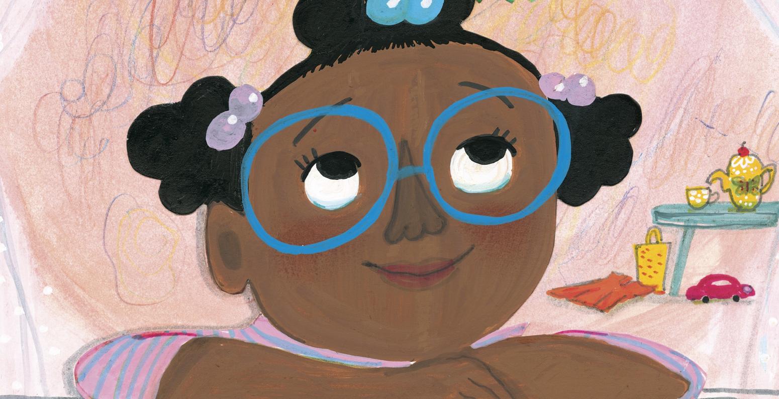 Book cover showing a Black girl wearing blue framed glasses, smiling and looking out a window at a butterfly on a branch.