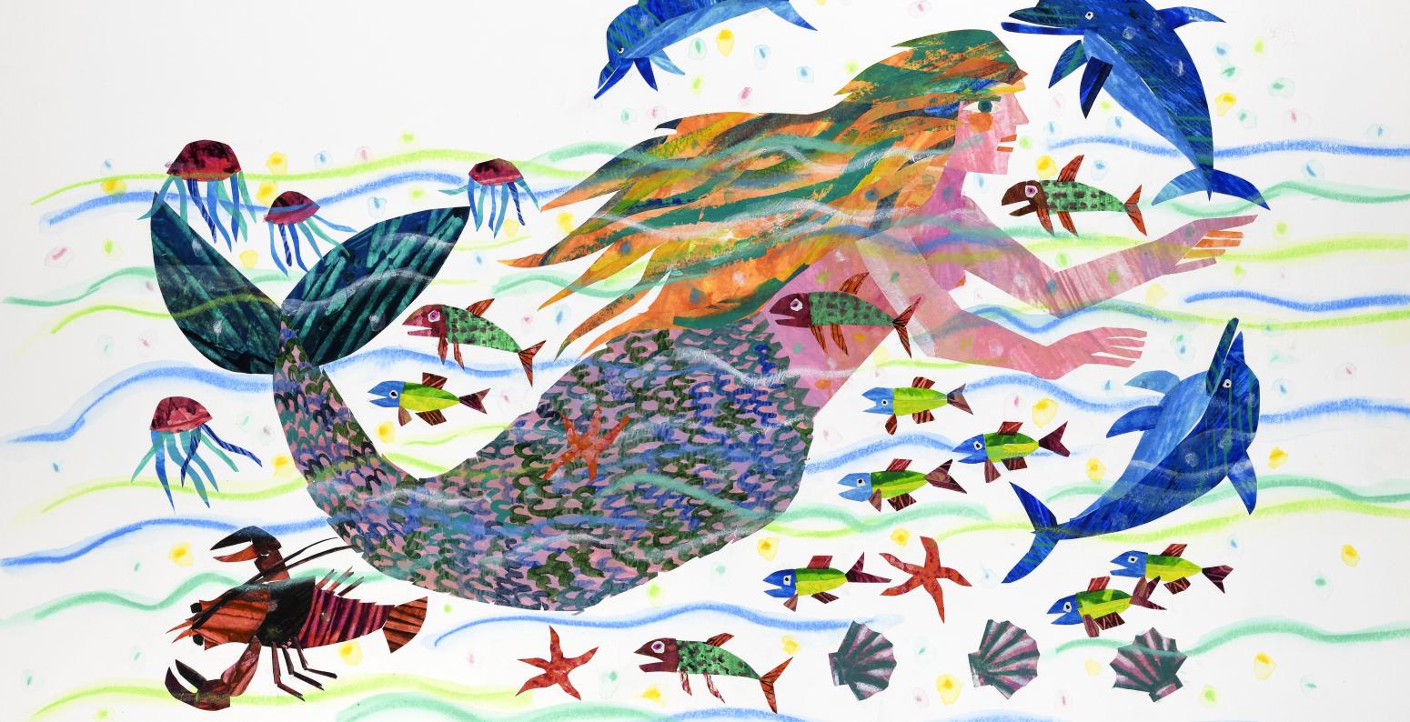 A mermaid and dolpins and other sea life in the ocean.