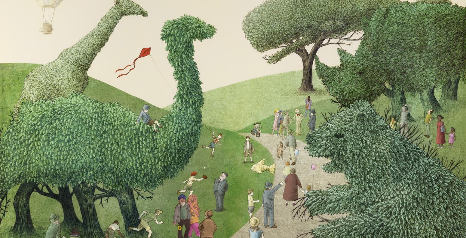 People walk among large trees shaped as animals.