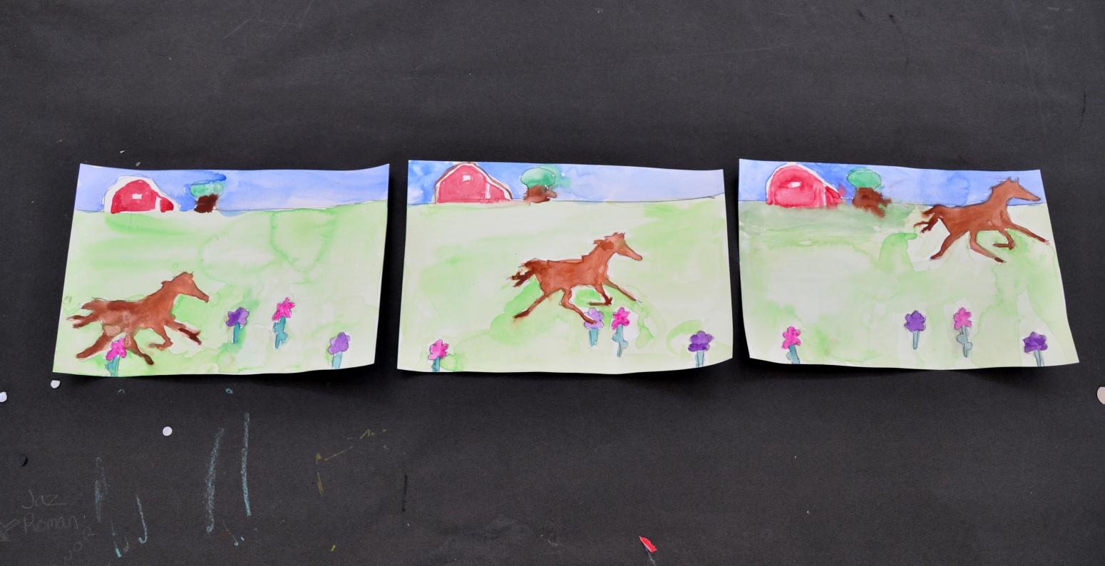 The paintings with a horse running across a field.