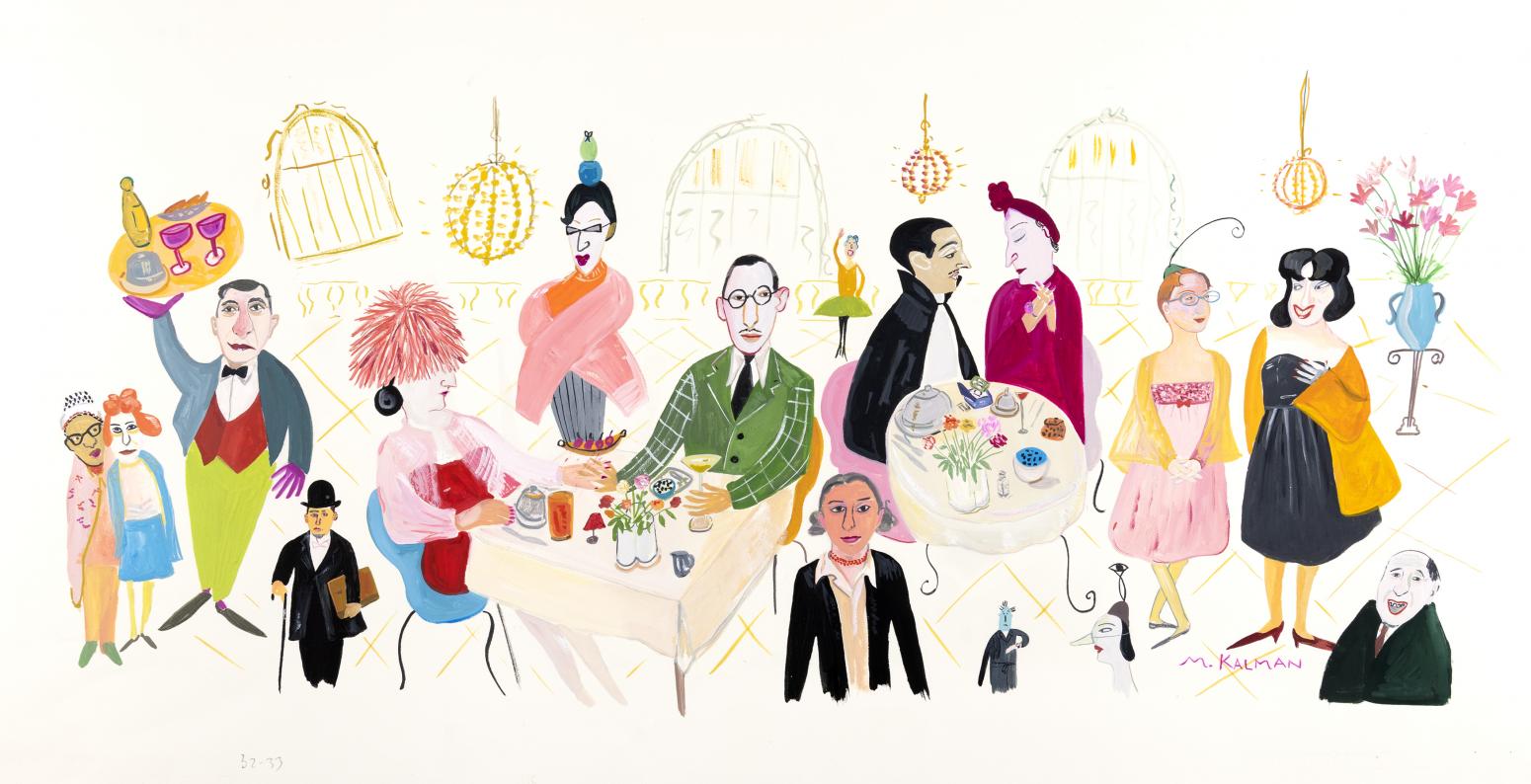 Illustration of diners at fancy restaurant. 